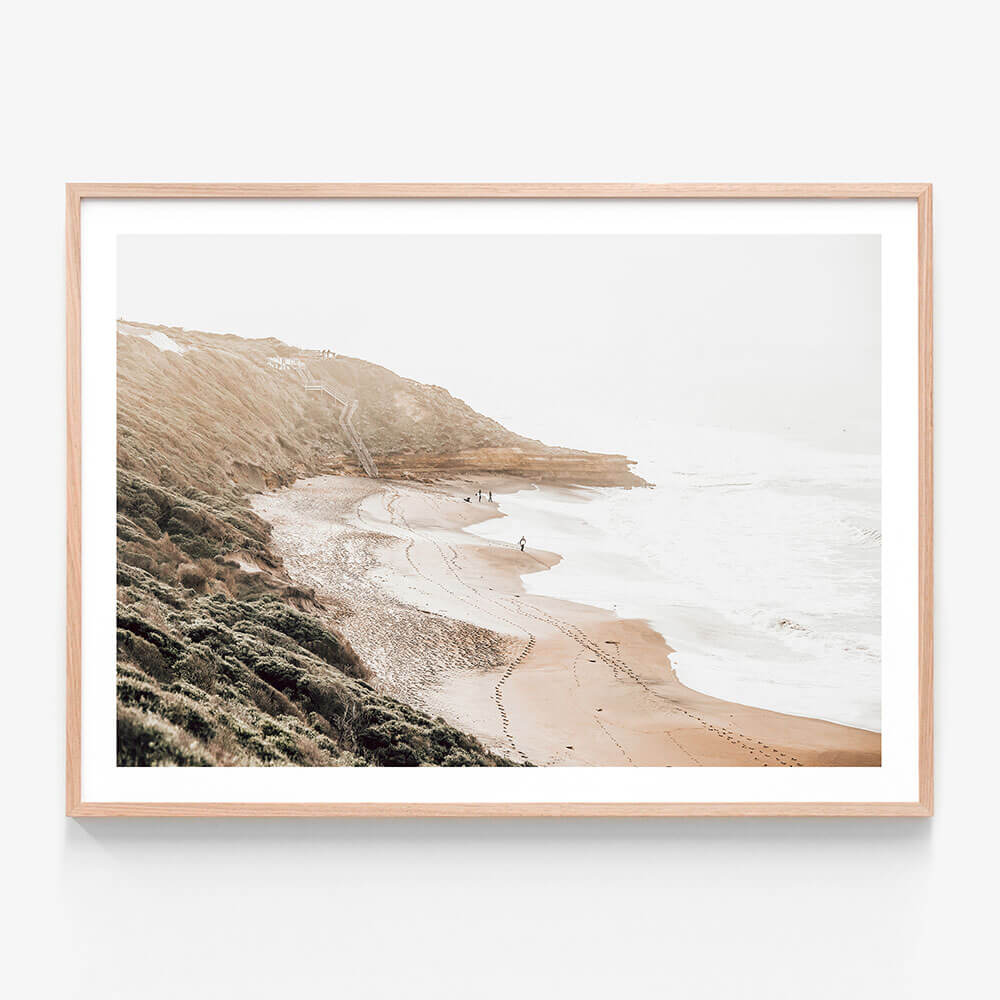 A framed photo wall art print featuring surfers at Bells Beach Australia