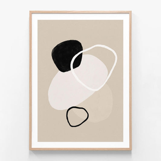 A minimalist framed artwork featuring abstract shapes in black, white, and beige colors on a neutral background.