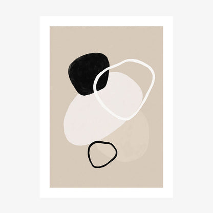 A minimalist artwork print featuring abstract shapes in black, white, and beige colors on a neutral background.