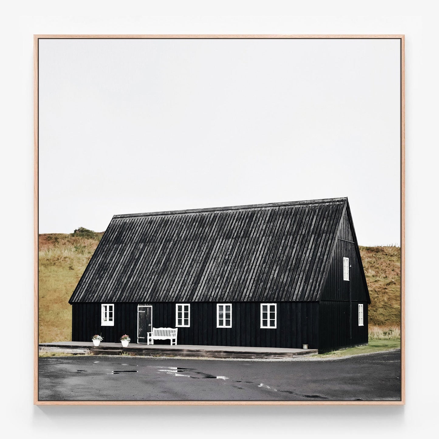 Black House Canvas wall art with oak float frame