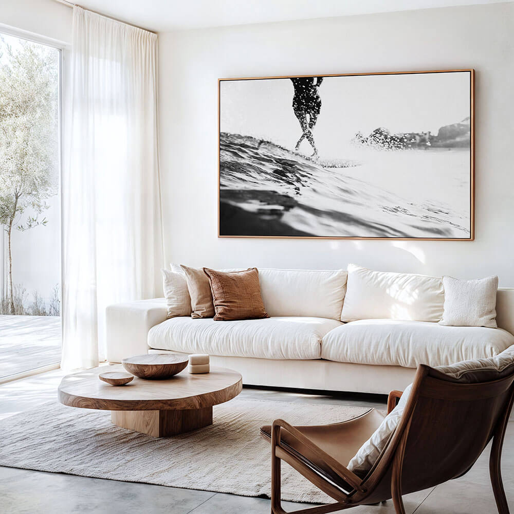 A black and white surf photography canvas wall art print.