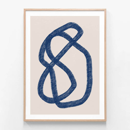 A framed print featuring a minimalist blue line illustration.