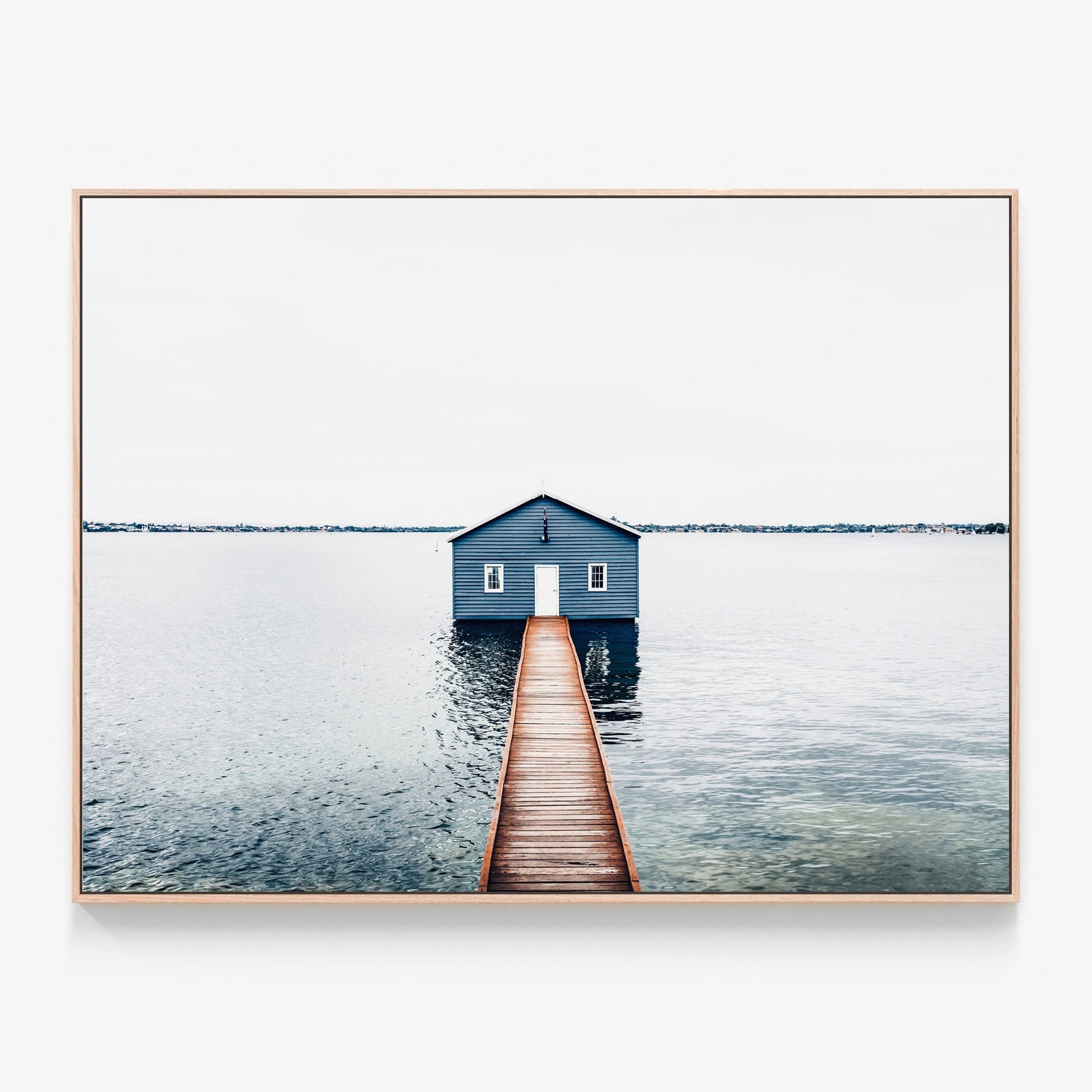 Blue Boat Shed Australian coastal Canvas wall art print in oak frame