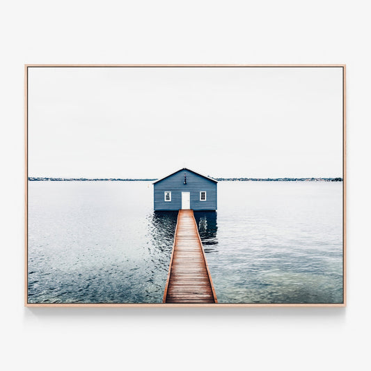 Blue Boat Shed Australian coastal Canvas wall art print in oak frame