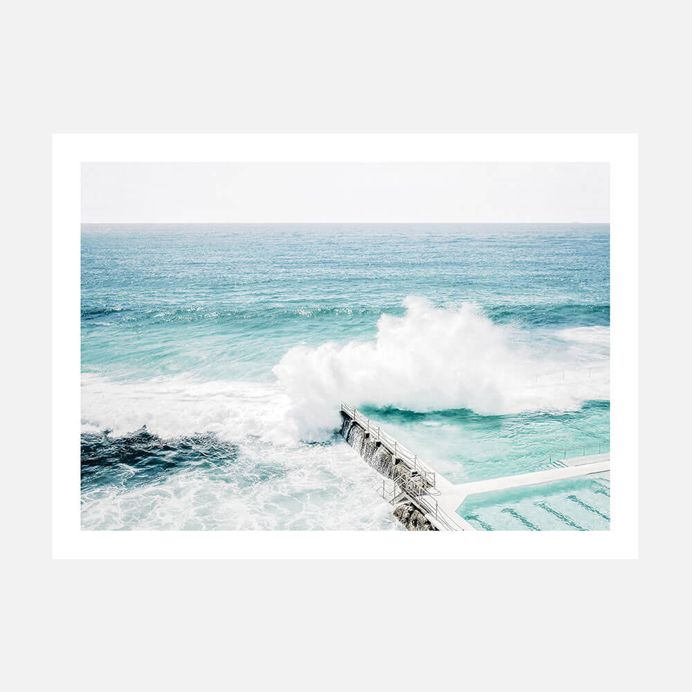 A photo art print featuring an Australian coastal scene with a large wave crashing in the ocean at Bondi Beach.