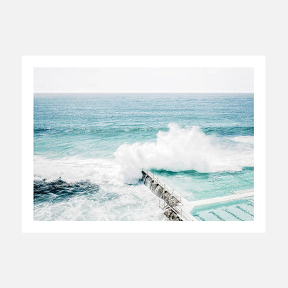 A photo art print featuring an Australian coastal scene with a large wave crashing in the ocean at Bondi Beach.