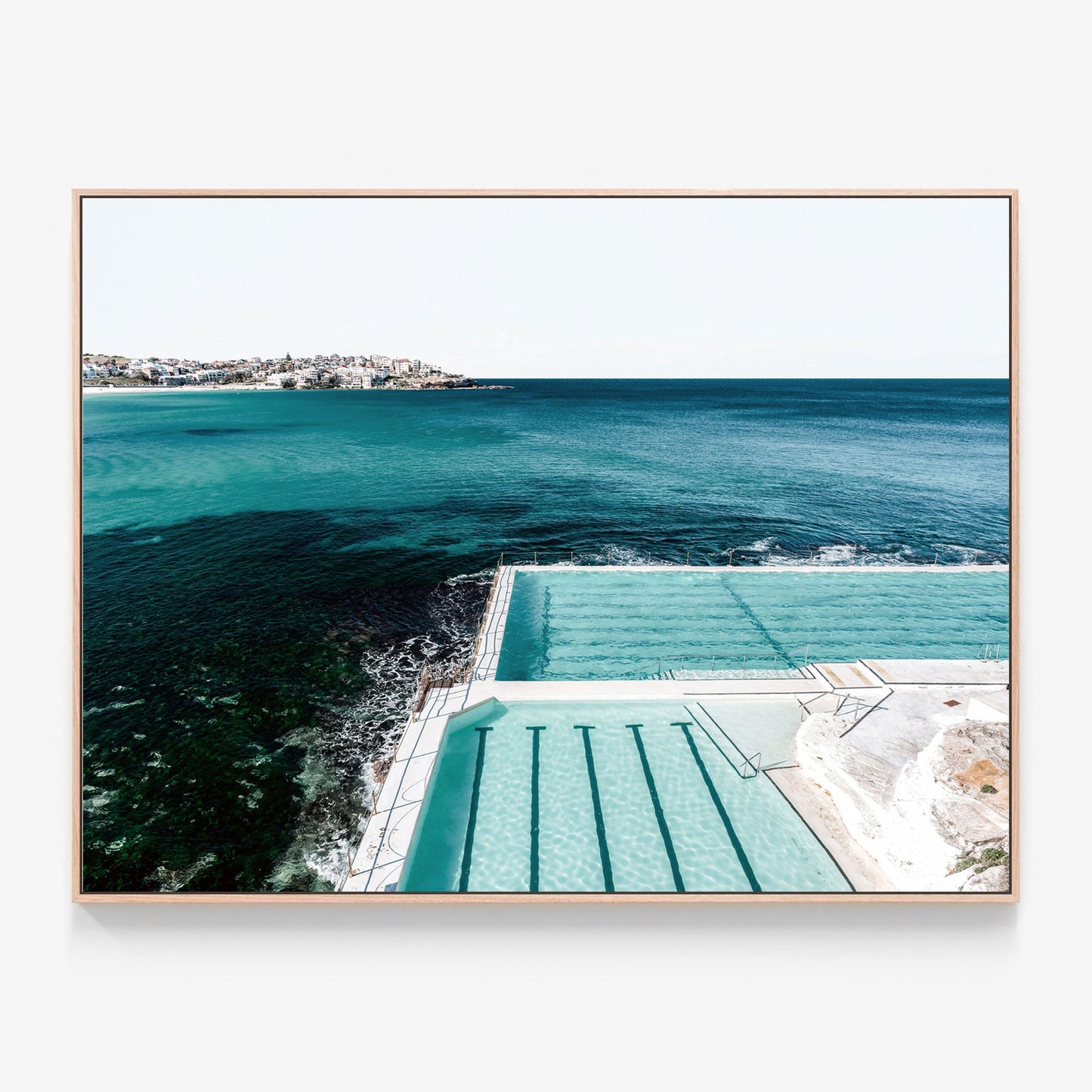 Bondi Poolside Canvas wall art with oak float frame