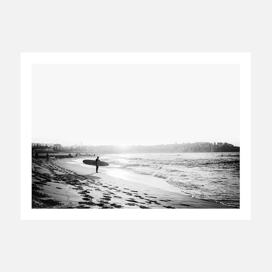 A black and white art print of a surfer on Bondi beach.