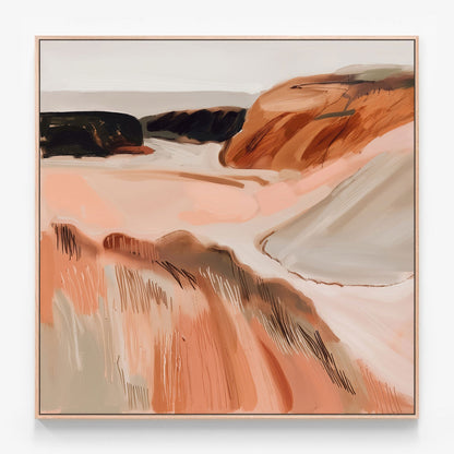 Abstract landscape painting with earthy tones printed on canvas with an oak frame.