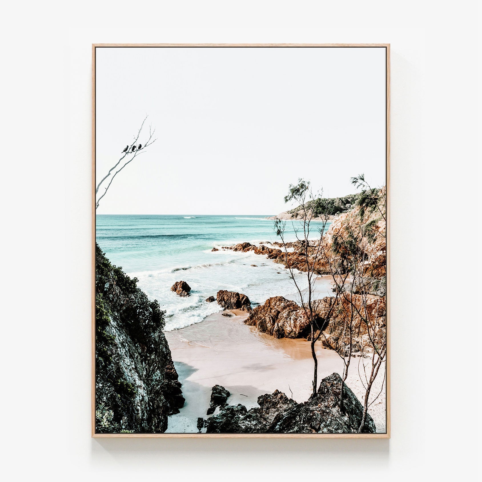 Byron Bay Coastal photo canvas wall art print in oak frame