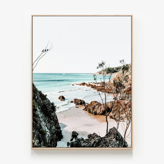 Byron Bay Coastal photo canvas wall art print in oak frame