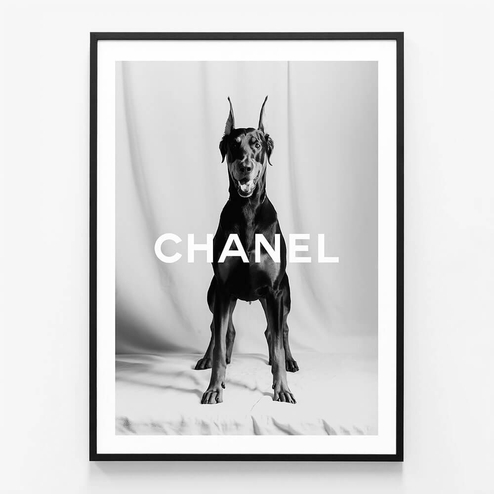 Chanel Doberman wall art print in black frame