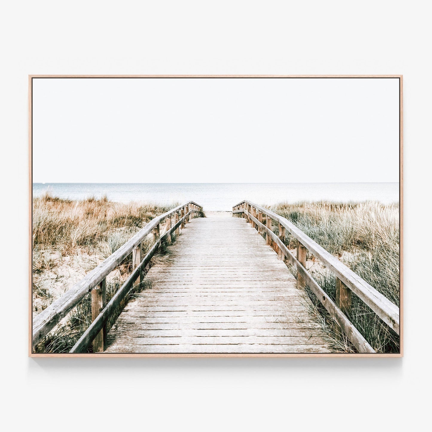 Coastal Boardwalk Canvas wall art with oak float frame