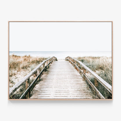 Coastal Boardwalk Canvas wall art with oak float frame