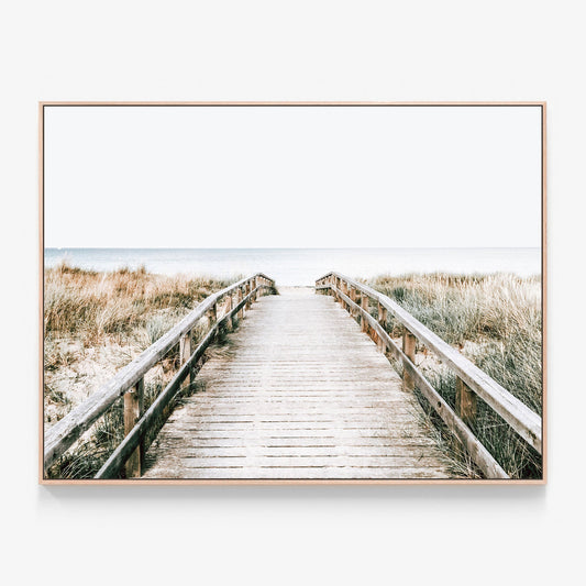 Coastal Boardwalk Canvas wall art with oak float frame