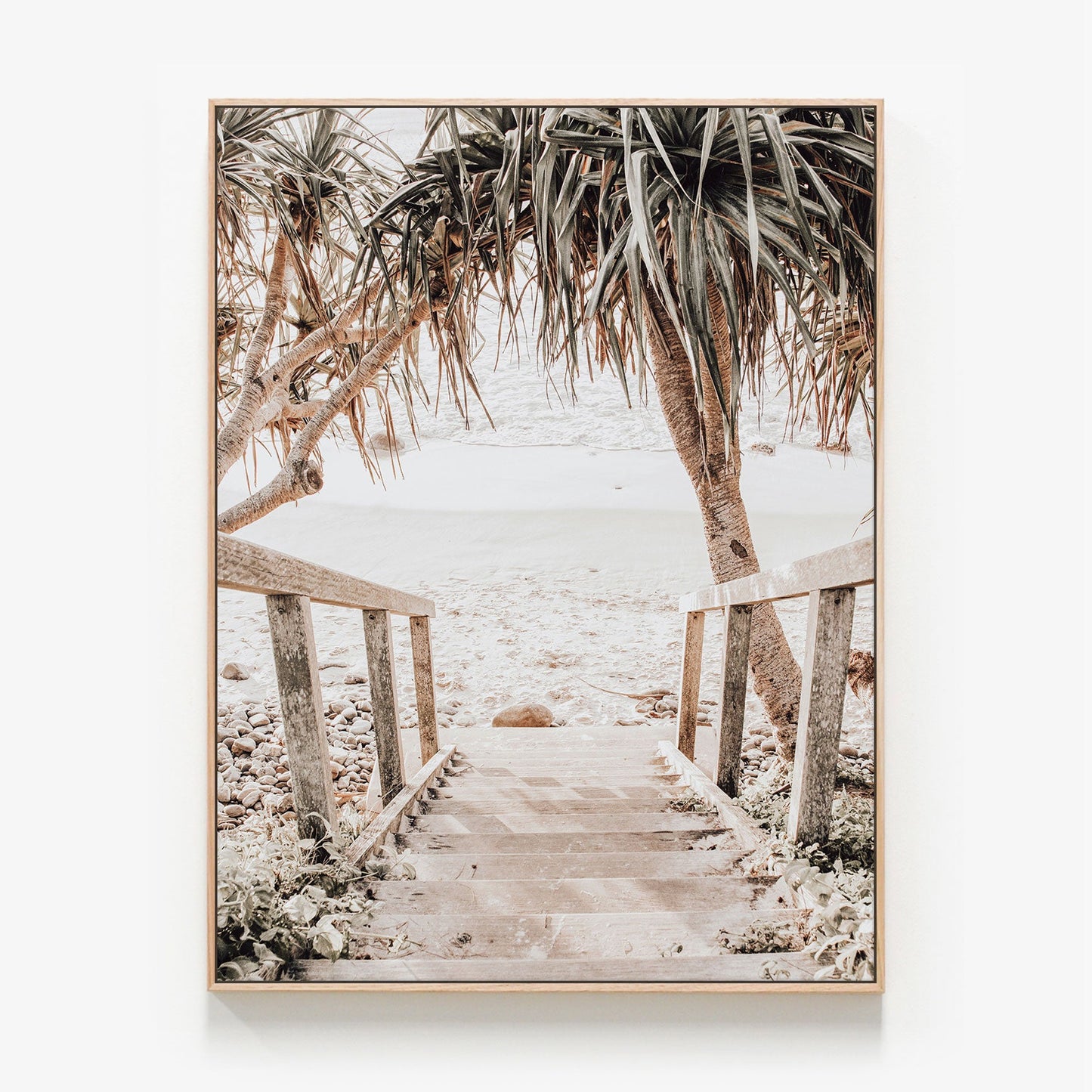 Australian coastal beach scene photo canvas wall art with oak float frame