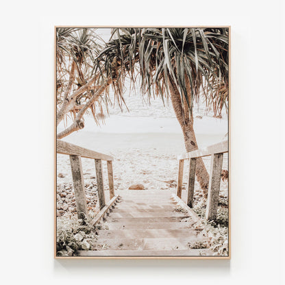 Australian coastal beach scene photo canvas wall art with oak float frame