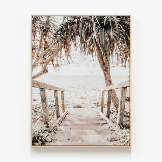 Australian coastal beach scene photo canvas wall art with oak float frame