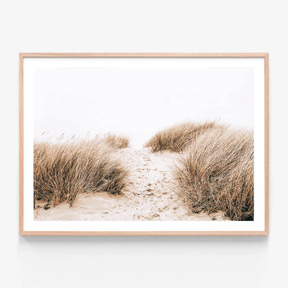 A framed photo print of a sandy coastal path with tall grass on either side.