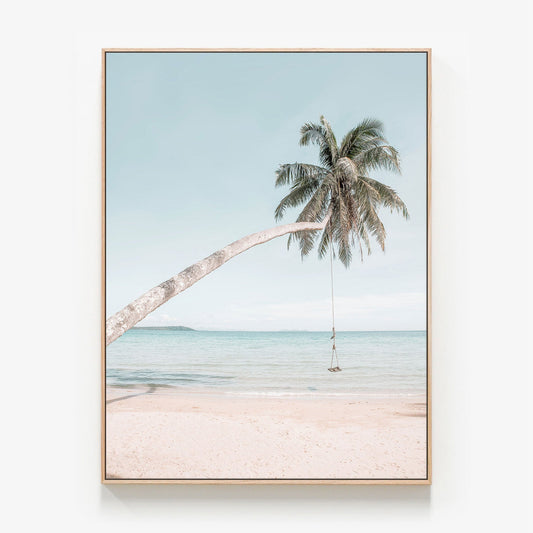 Coconut Swing Canvas wall art with oak float frame