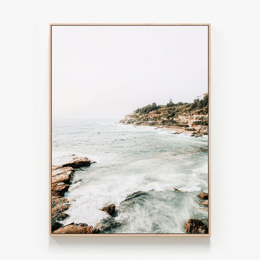 Coogee Coast Canvas wall art with oak float frame