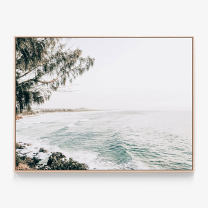 Coolum Morning Canvas wall art with oak float frame