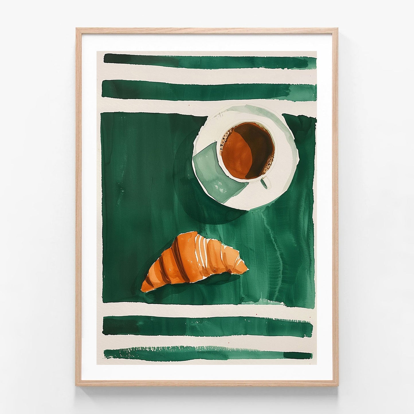 Croissant and Coffee oak framed print