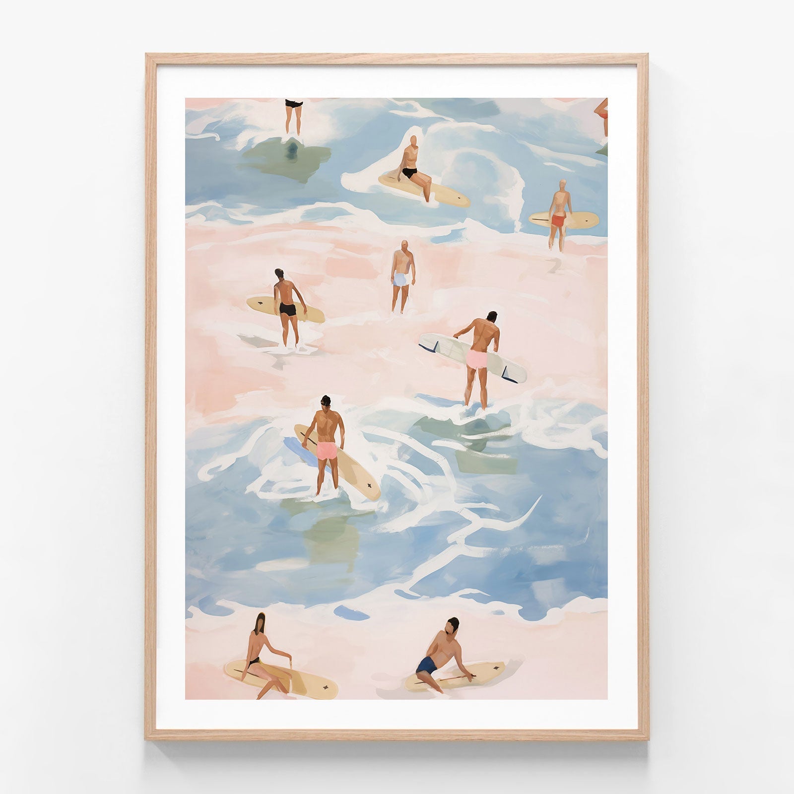 Crowded Surfers oak framed print