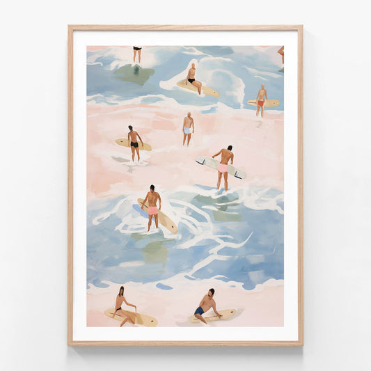 Crowded Surfers oak framed print