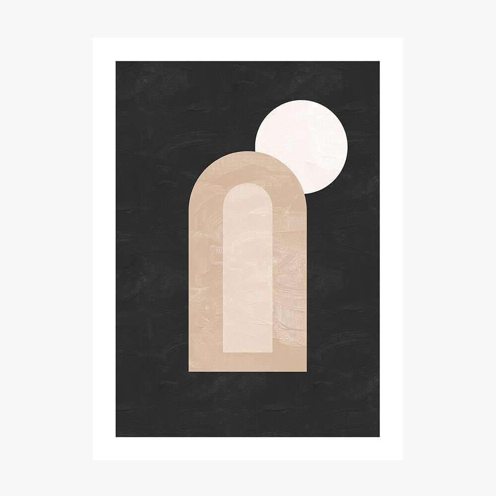 A minimalist art poster print featuring abstract dark and light shapes, with a prominent arch and a circle, on a black background.