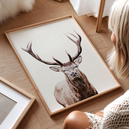 Framed art picture of a deer on a wooden floor with a person sitting nearby.
