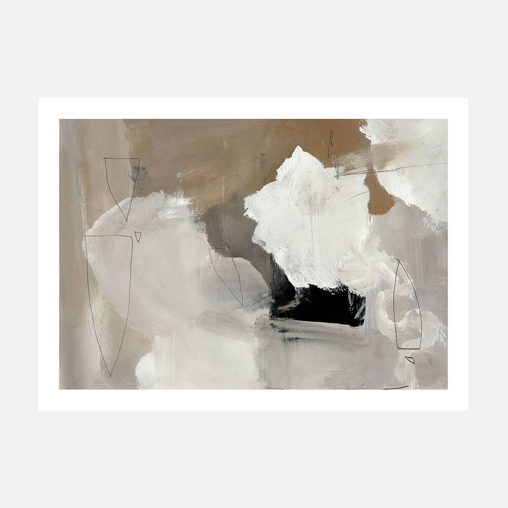 A neutral tone abstract art print with paint strokes and lines.