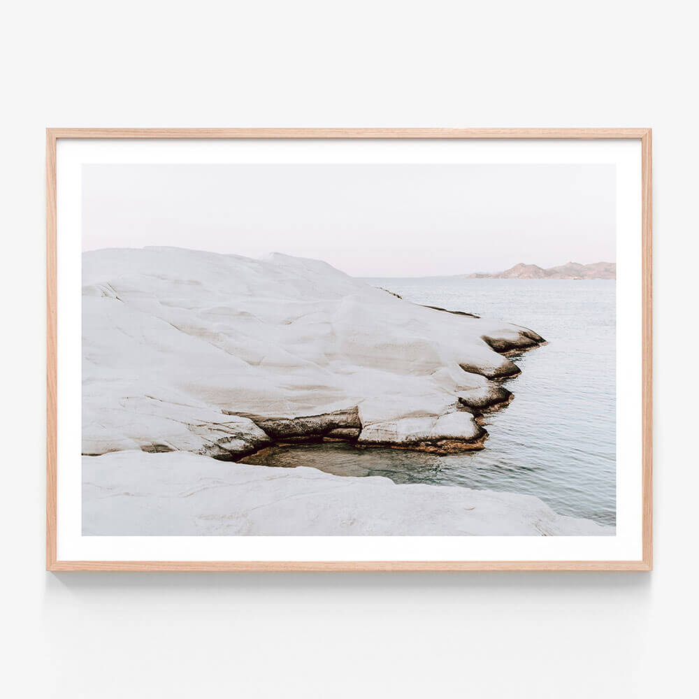 Dreamy Sarakiniko wall art print in oak frame