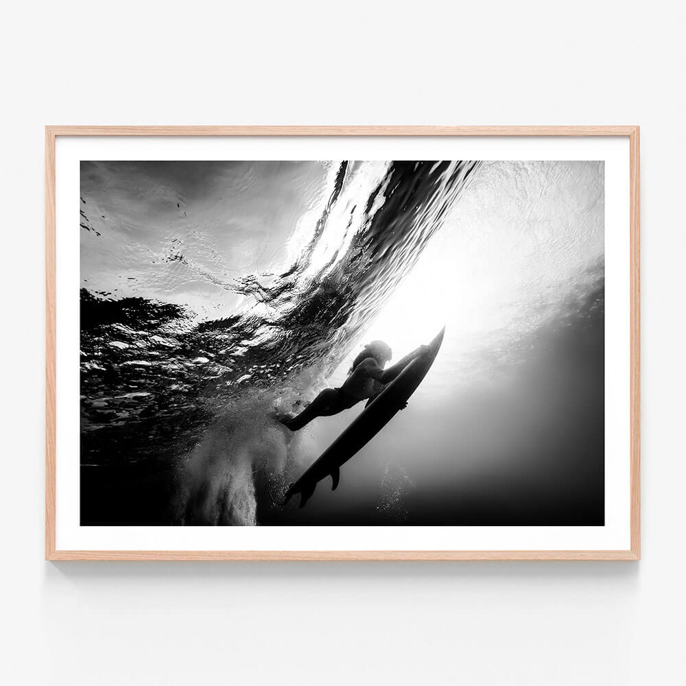 Duck Dive Underwater Surfer Framed Print Black & White Photography Print
