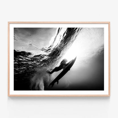 Duck Dive Underwater Surfer Framed Print Black & White Photography Print