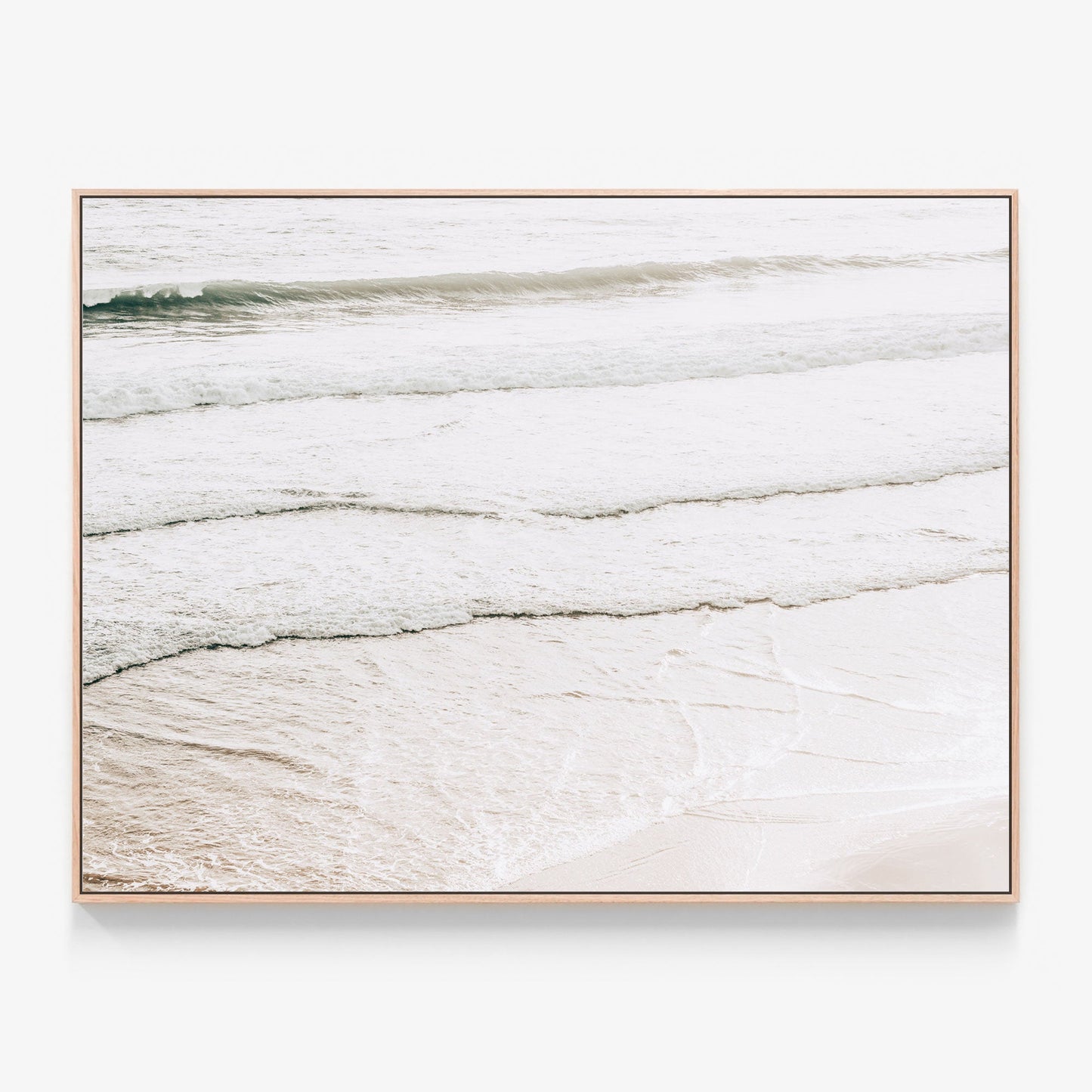 Evening Waves by the beach, photography canvas wall art print with oak float frame