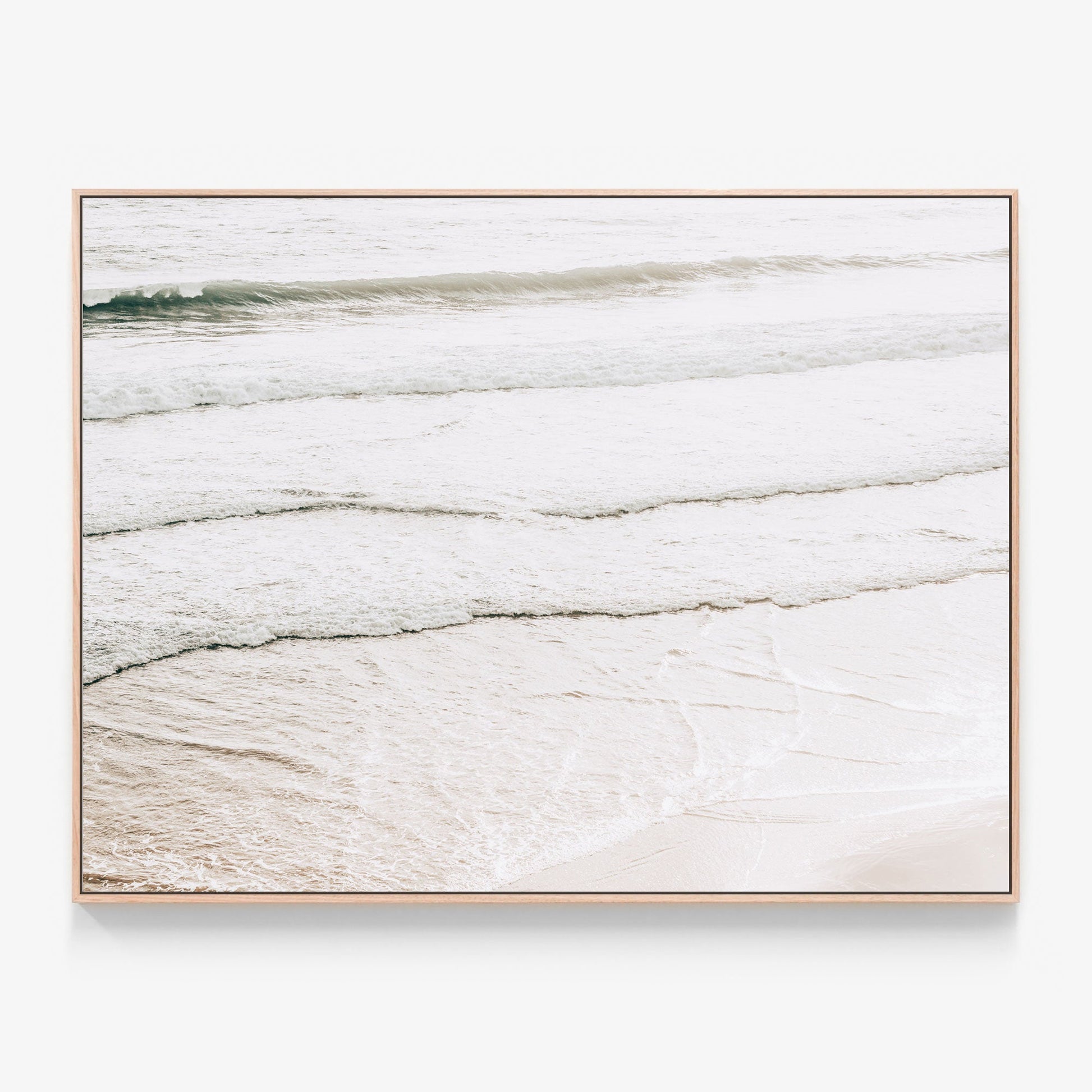 Evening Waves by the beach, photography canvas wall art print with oak float frame
