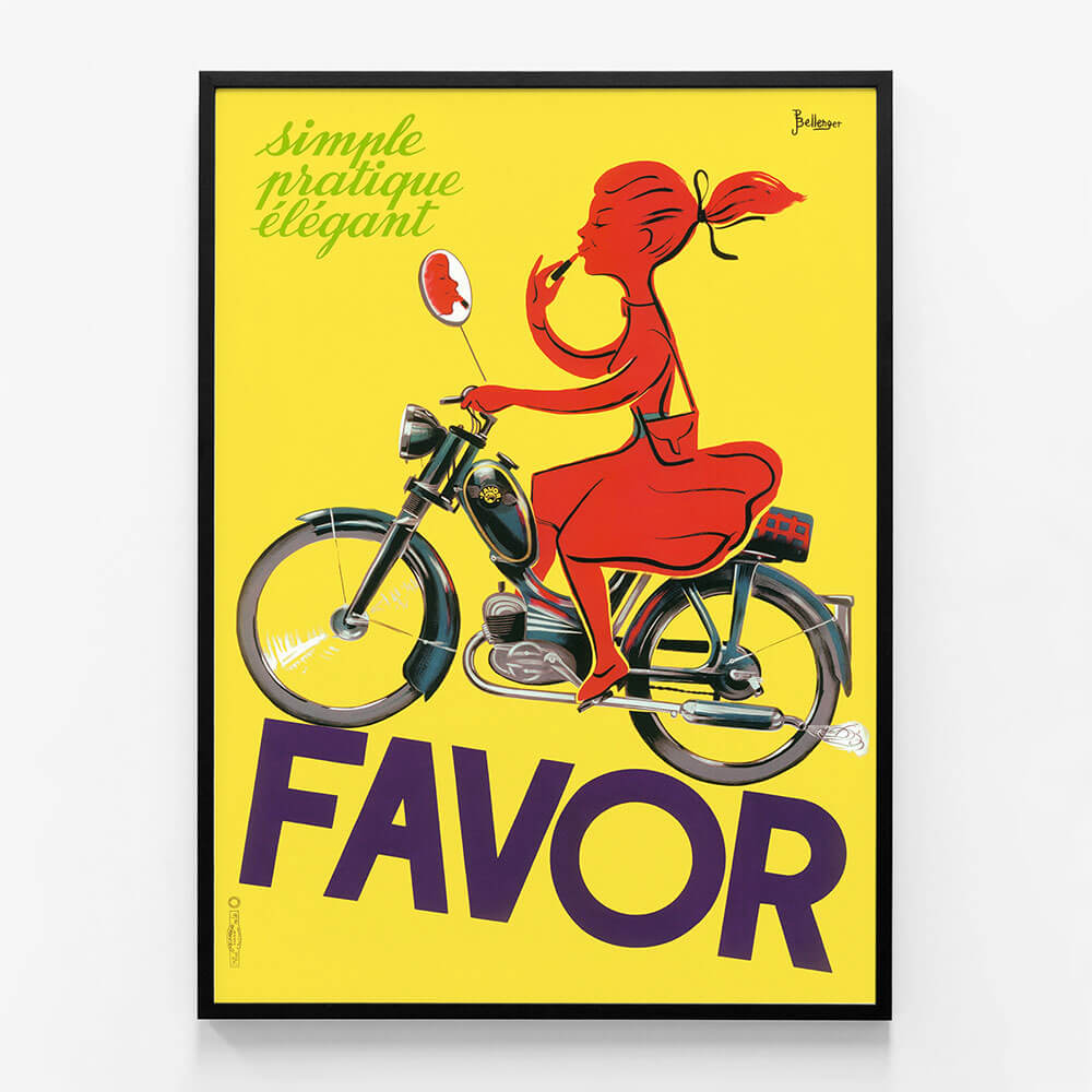A framed vintage poster of the yellow Favor scooter advertising poster.