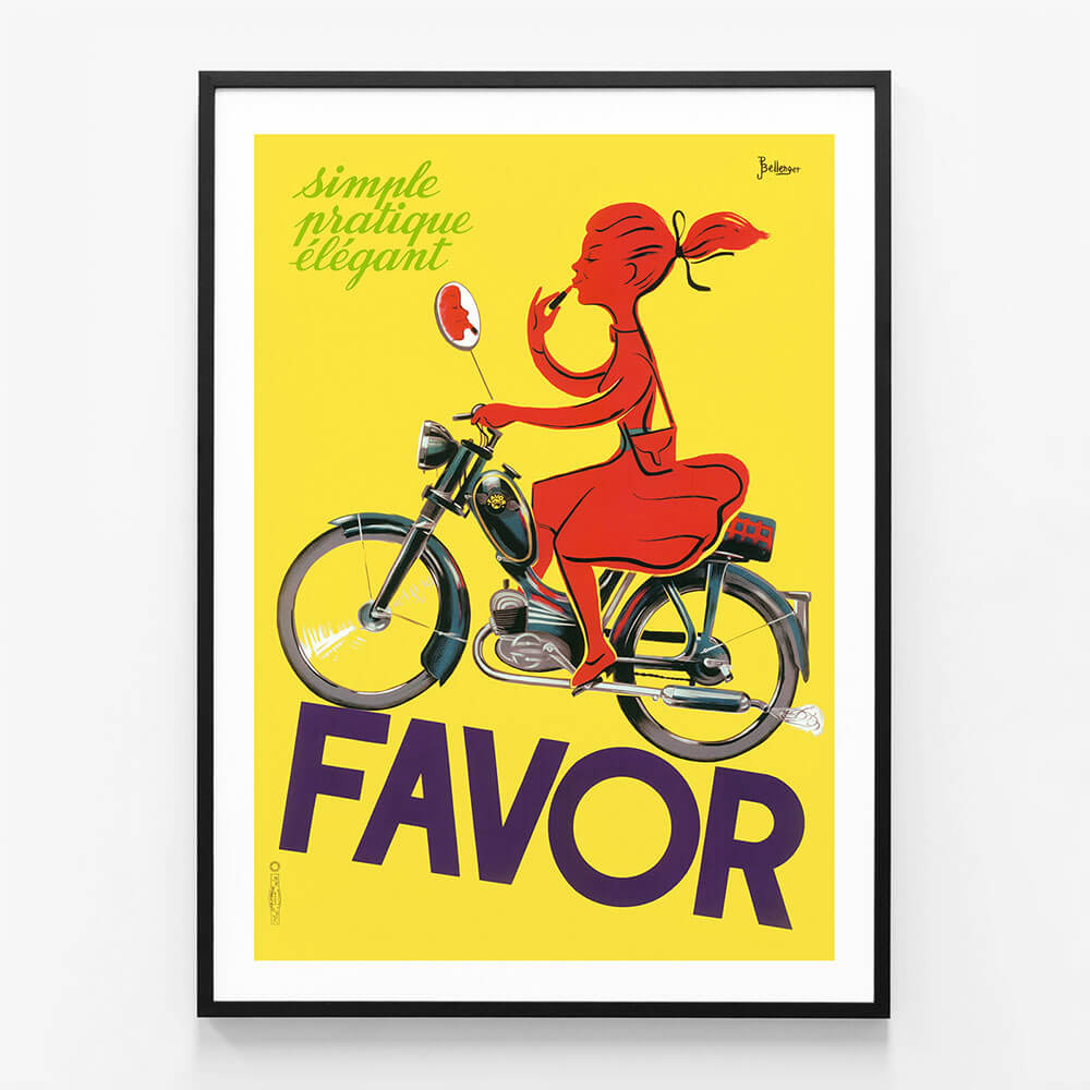 A framed vintage poster of a girl in a red dress riding a scooter with a yellow background. Titled 'FAVOR' with the text 'Simplicity is elegance'.