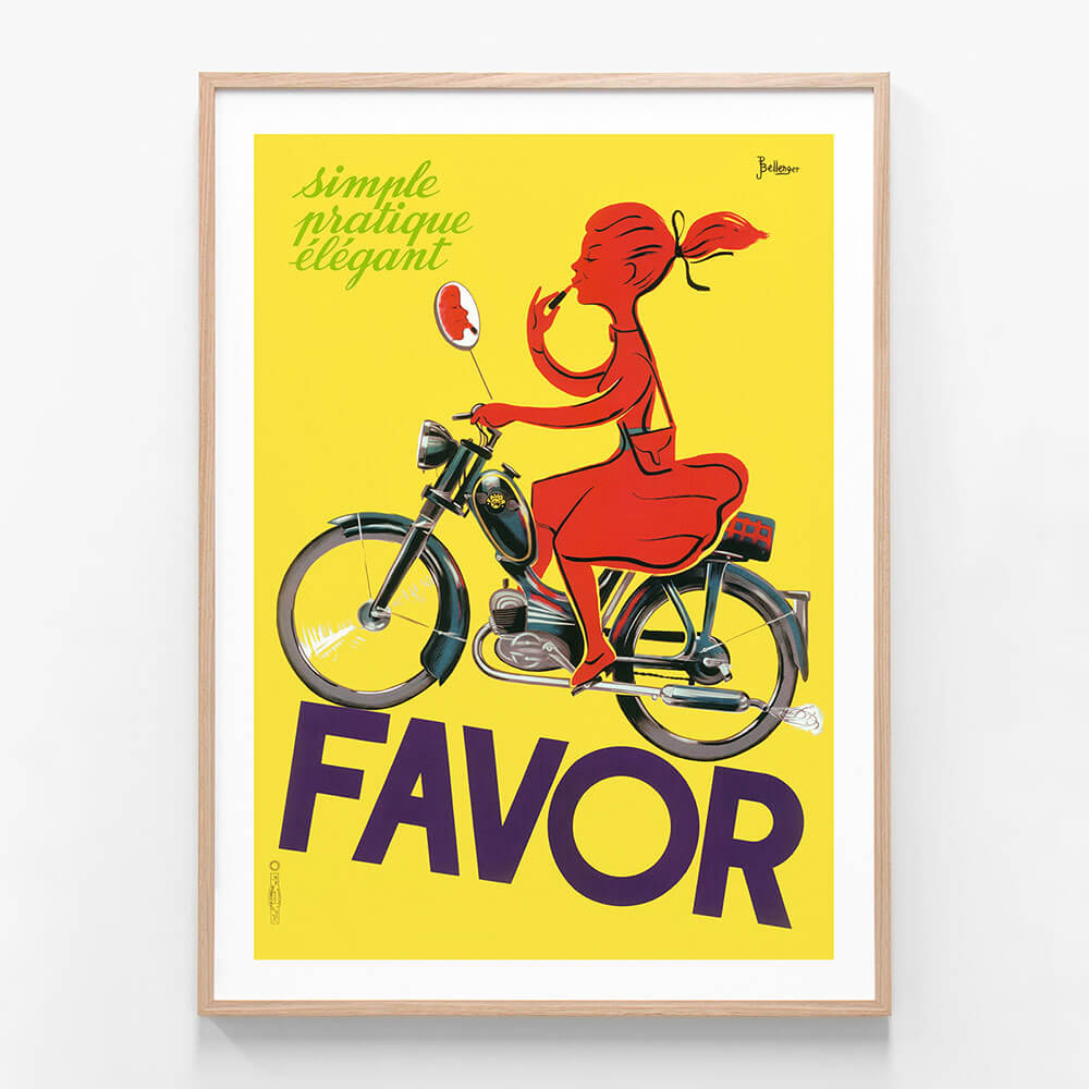 Framed print of the yellow Favor scooter girl vintage poster.