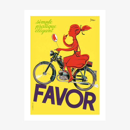 A vintage advertising poster of a yellow scooter, titled 'FAVOR' with the text 'Simplicity is elegance'.