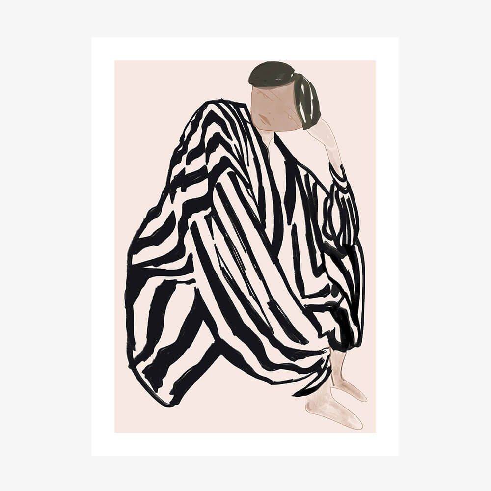 Art poster featuring a figurative illustration of a woman wearing stripes.