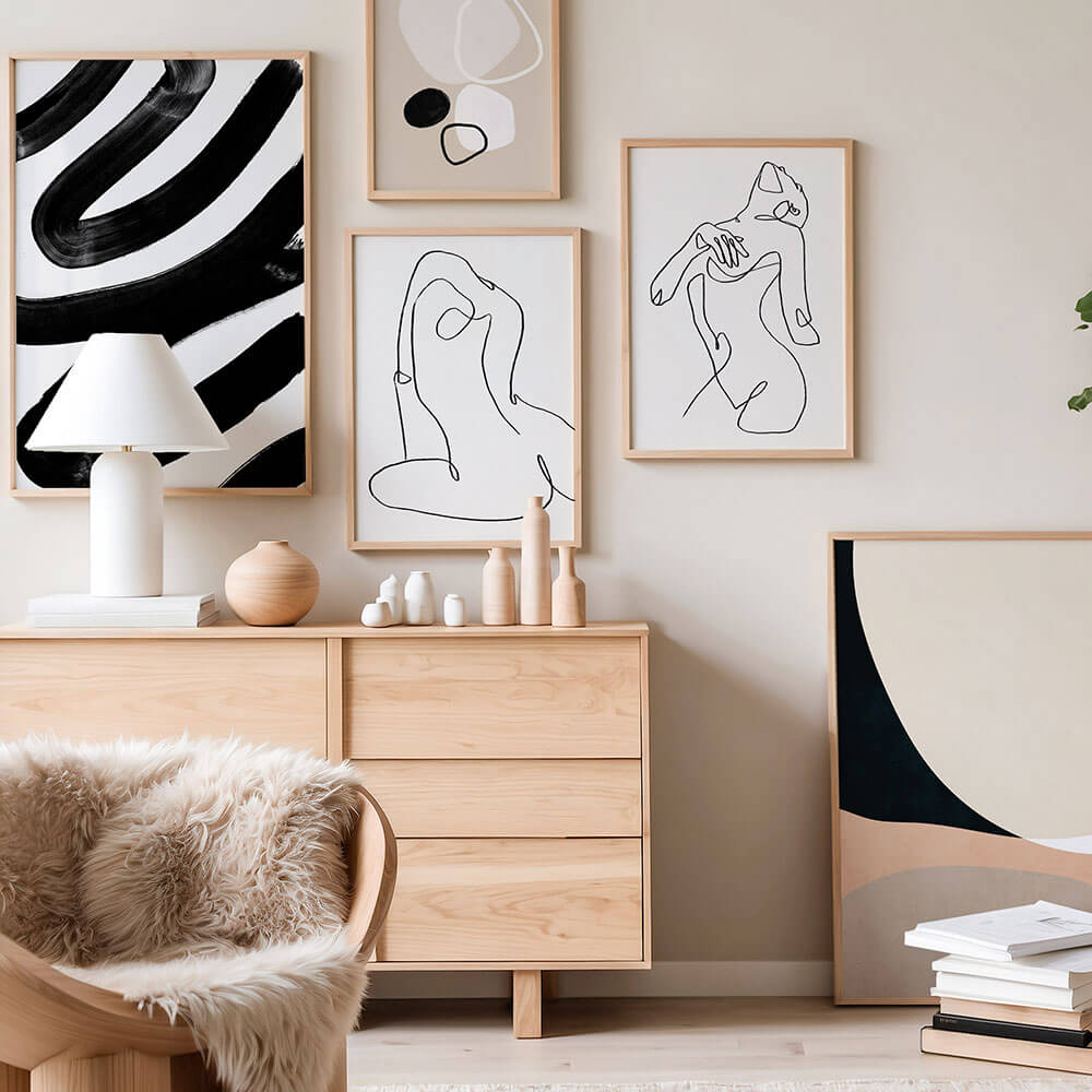 A gallery wall of female line art illustration wall art prints