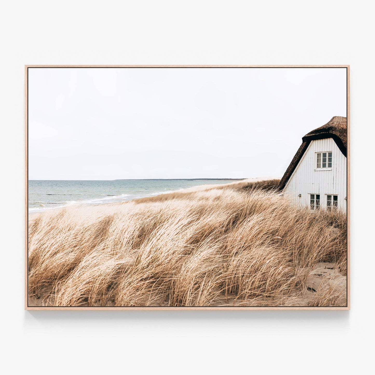 Fisherman's coastal farm house Canvas wall art print with oak float frame