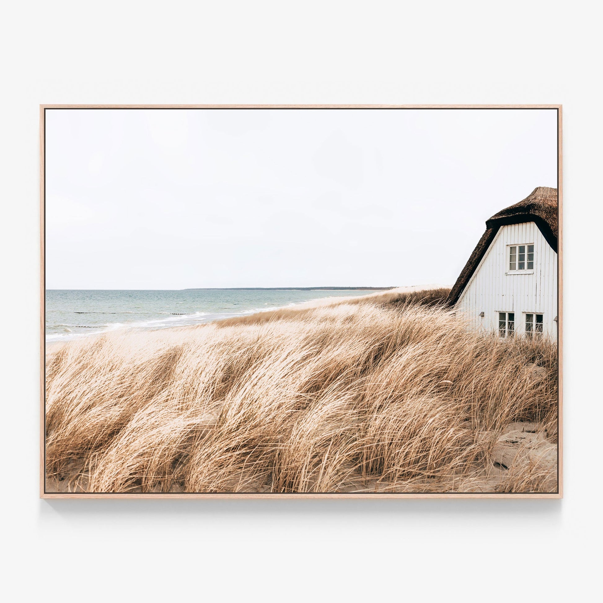 Fisherman's coastal farm house Canvas wall art print with oak float frame