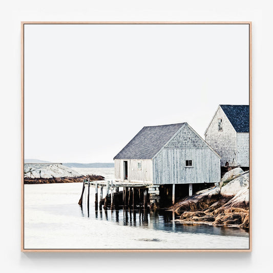 Fishing Shack, Scandi coastal style  Canvas art print in oak frame