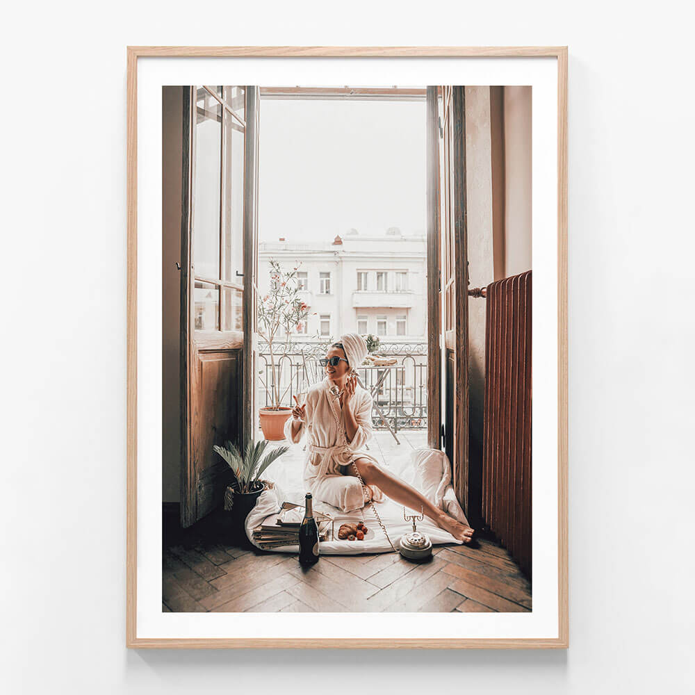 French Breakfast wall art print in oak frame