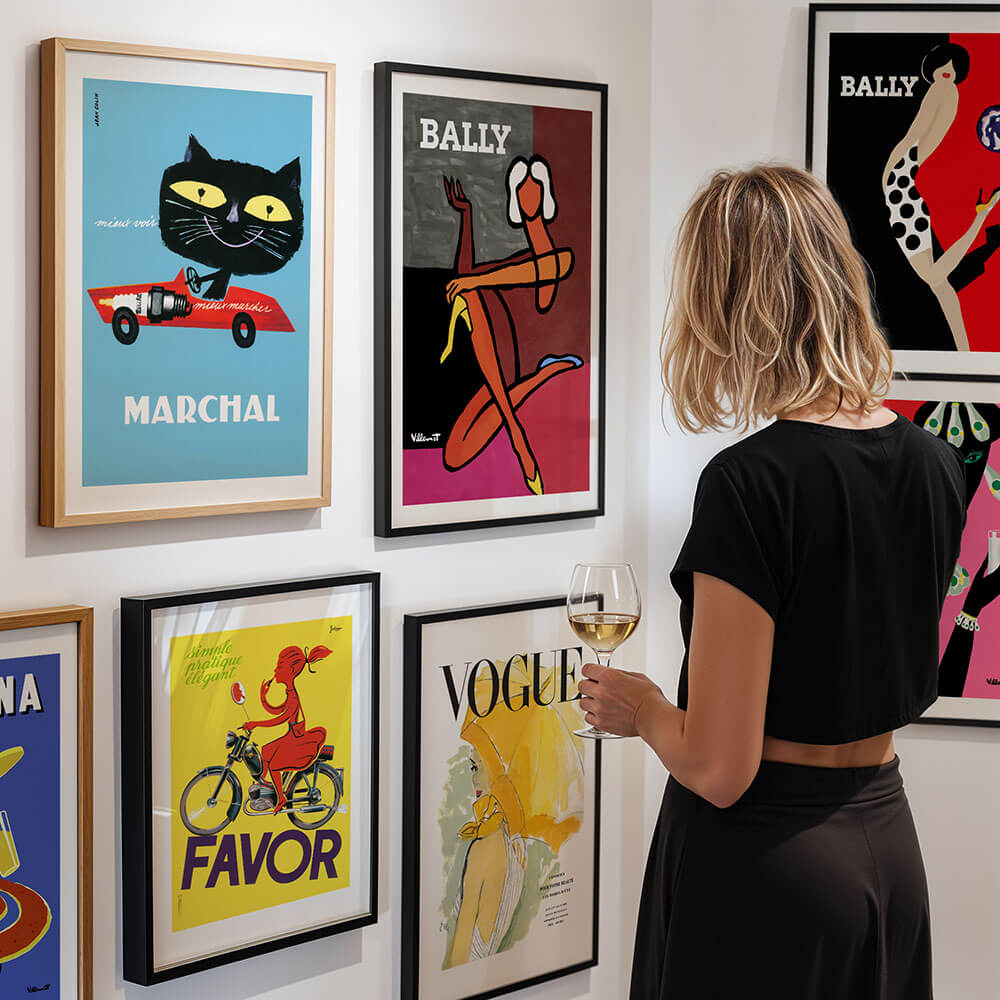 A gallery wall of vintage poster wall art prints.