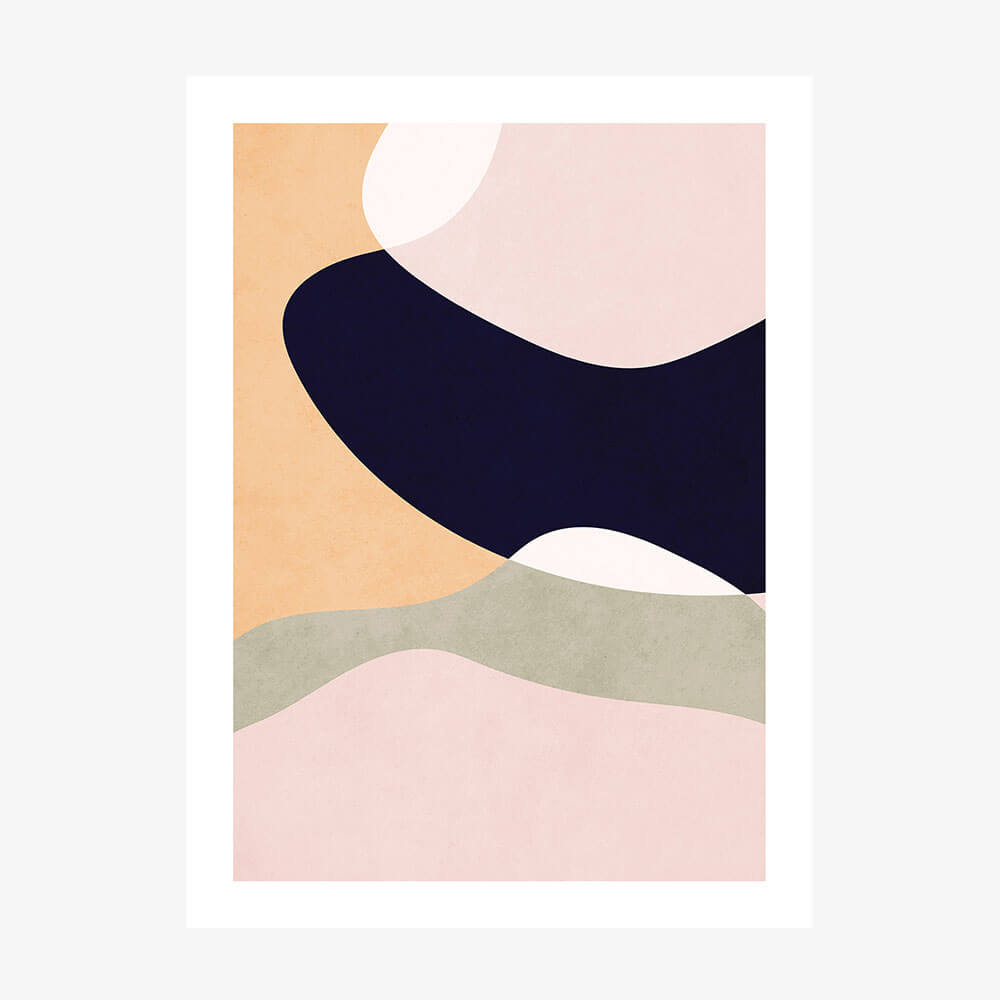 This image features a minimalist abstract art piece, titled "Haymarket 2." The artwork is characterized by an elegant interplay of soft colors including peach, navy blue, and muted green hues.
