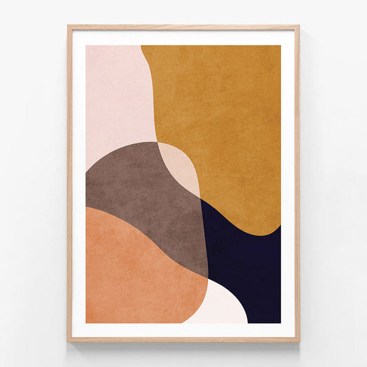This image features an abstract art piece, titled "Haymarket." The framed artwork is characterized by a serene and minimalist aesthetic, with a palette of soft earth tones including beige, navy blue, and terracotta.